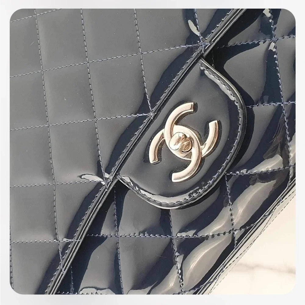 Chanel Navy Quilted Patent Leather Jumbo Maxi Bag - Picture 5 of 13